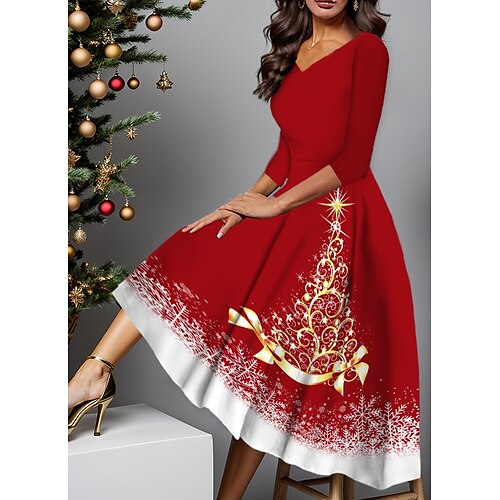 

robe de soirée de Noël rouge pour femme robe de cocktail robe blanc jaune vin manches 3/4 imprimé arbre col en V robe d'hiver de mode