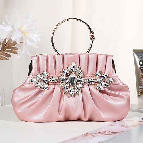 

Mujer Clutch Bolso de noche Poliéster Fiesta Diario Detalles de Cristal Cadena Color sólido Plata Rosa Champaña