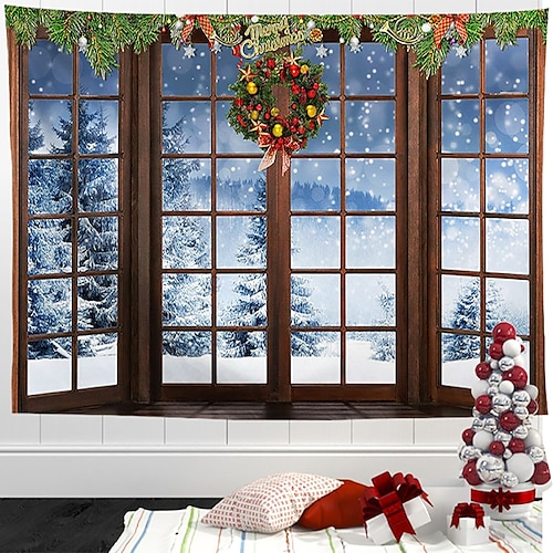 

Рождественский снежный вид из окна, висящий гобелен, настенное искусство, большой гобелен, фреска, декор, фотография, фон, одеяло, занавеска, украшение для дома, спальни, гостиной