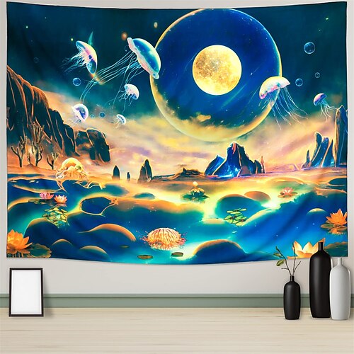 

Tapiz de luz negra de medusas, reactivo UV que brilla en la oscuridad, trippy, brumoso, paisaje del océano, tapiz colgante, mural artístico de pared para sala de estar y dormitorio