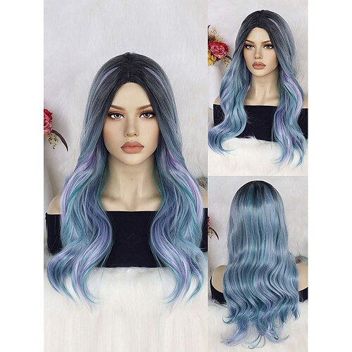 

perruque ondulée multicolore de 22 pouces de long ombre blonde bleu violet mixte aspect naturel raie centrale synthétique sans colle résistant à la chaleur mode fibre douce cheveux haute densité