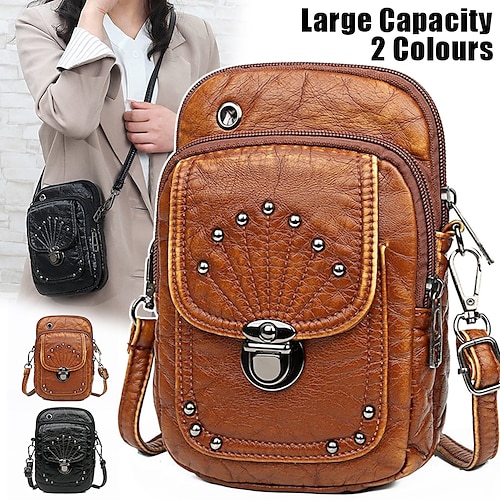 

Mulheres Bolsa crossbody Bolsa de ombro Bolsa para celular Couro PU Ao ar livre Diário Feriado Tachas Presilha Ziper Grande Capacidade Prova-de-Água Leve Côr Sólida Preto Marron