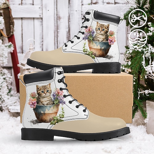 

chaton pour femme dans un pot de fleur imprimé graphique aquarelle bottines à lacets confortables coupe-vent et résistantes à l'usure