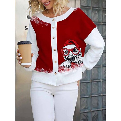 

Women's Ugly Christmas Sweater Pullover Sweater Jumper V Neck Ribbed Knit Polyester Knitted Print Fall Winter Regular Outdoor Xmas Holiday Daily Stylish Casual Long Sleeve Animal Black Wine S M L
