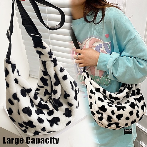 

Women's Crossbody Bag Shoulder Bag Hobo Bag Faux Fur Outdoor Daily Holiday Zipper Large Capacity Lightweight Durable Cow Print milky