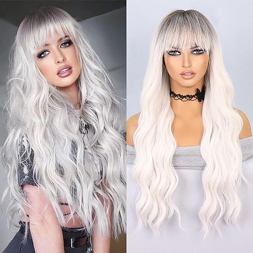 

Perucas de Cosplay Perucas sintéticas Ondulado Onda Profunda Franja Lisa Fabrico à Máquina Peruca 24 polegadas Preto-branco Cabelo Sintético Mulheres Macio Festa Confortável Côr Misturada