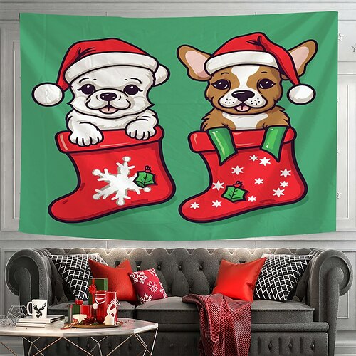 

Christmas Socks Dog Hanging Tapestry Xmas Wall Art Large Tapestry Mural Decor Photograph Backdrop Blanket Curtain Home Bedroom Living Room Decoration