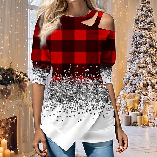 

Damen Bluse Weihnachts-Shirt Rote Blau Purpur Plaid Ausgeschnitten Asymmetrisch Bedruckt Langarm Weihnachten Casual Fest / Feiertage Rundhalsausschnitt Regular Fit Frühling Herbst