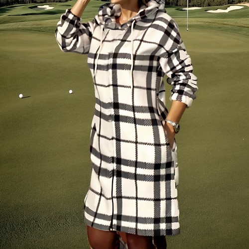 

Women's Golf Dress Hoodie Dress Thermal Warm Breathable Moisture Wicking Long Sleeve Golf Outerwear Top Drawstring Side Pockets Plaid Spring Autumn / Fall Tennis Golf Pickleball