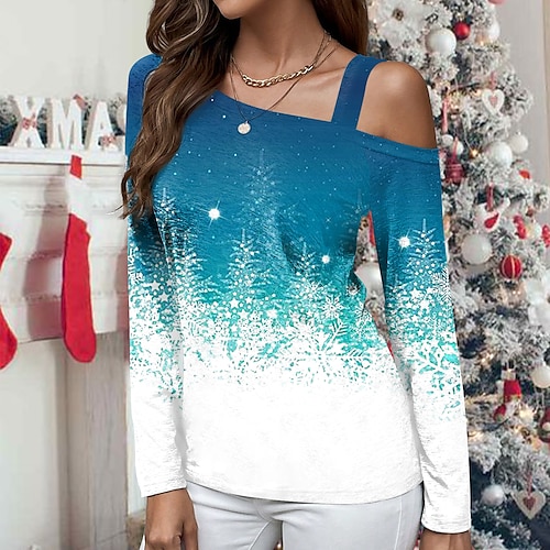 

Mujer Camiseta Camisa de Navidad Rojo Azul Piscina Morado Árbol de Navidad Estampado Manga Larga Navidad Fin de semana Festival / Vacaciones Cuello diagonal Ajuste regular Pintura Primavera Otoño