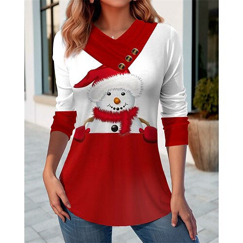 

Mujer Camiseta Camisa de Navidad Negro Rojo Muñeco de Nieve Botón Estampado Manga Larga Navidad Fin de semana Festival / Vacaciones Escote en Pico Ajuste regular Pintura Primavera Otoño