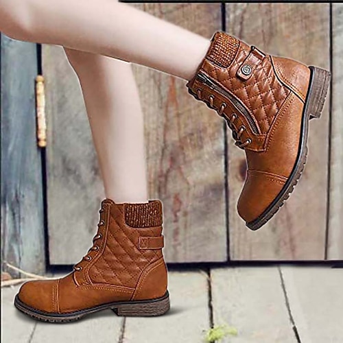 

Women's Boots Combat Boots Plus Size Outdoor Daily Mid Calf Boots Chunky Heel Pointed Toe Vintage Casual Minimalism PU Lace-up Light Brown Dark Brown Black