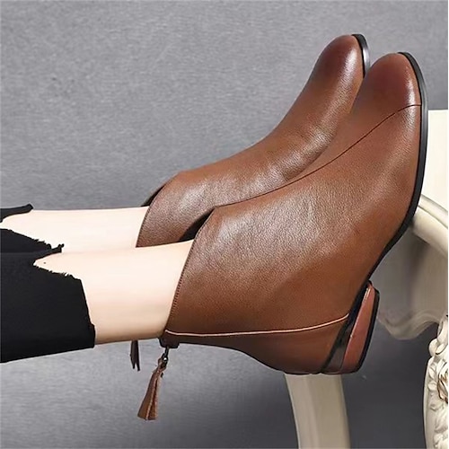 

Mulheres Botas Tamanhos Grandes Sapatos vintage Ao ar livre Diário Botas Botas Tornozelo Salto de bloco Ponta Redonda Vintage Casual Conforto Couro Sintético zíper Côr Sólida Preto Marron