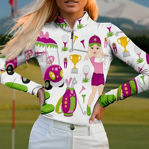 

Damen poloshirt Golfhemd Atmungsaktiv Schnelltrocknend Feuchtigkeitsableitung Langarm Golfbekleidung Golfkleidung Regular Fit Zip Stehkragen Bedruckt Frühling Herbst Tennis Golfspiel Pickleball