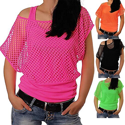 

Women Casual Sexy 80s Costumes Fishnet Neon Off Shoulder T-Shirt with Tank Top 1980s Retro Vintage Halloween Carnival Party Casual Daily 2 PCS