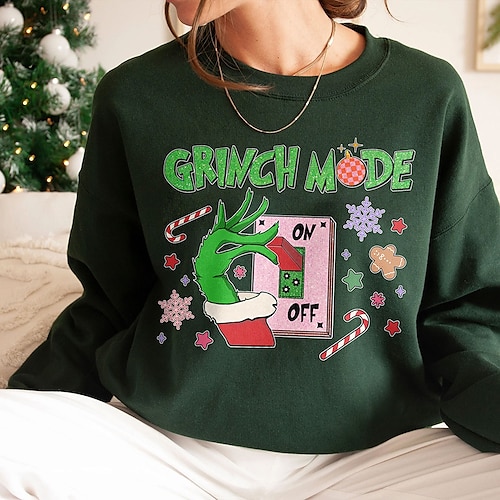 

Hässliches Weihnachts-Sweatshirt Damen Zur Seite fahren Hässliche Weihnachten Monster Sportbekleidung Lustig Festival Grün Weihnachten Casual Rundhalsausschnitt Langarm Oberteil Mikro-elastisch