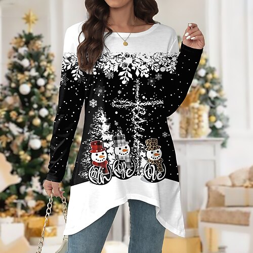 

Mulheres Camiseta Camisa de Natal Boneco de Neve Floco de Neve Preto Túnica esvoaçante Imprimir Manga Longa Natal Final de semana Festival / feriado Decote Redondo Normal Primavera Outono