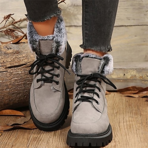 

Mulheres Botas Botas com salto Botas de Neve Coturnos Diário Forrada com Fleece Botas Botas Tornozelo Plataforma Ponta Redonda Felpudo Casual Conforto Camursa Sintética Com Cadarço Côr Sólida Cinzento