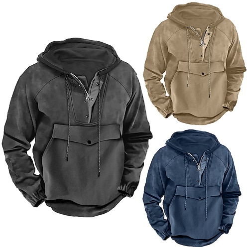 

Homens Moletom Quarter Zipper Hoodie Preto Azul Cáqui Com Capuz Tecido Bolsos Desportos e Ar livre Diário Feriado Vintage Casual Tático Outono inverno Roupa Moletons Moletons