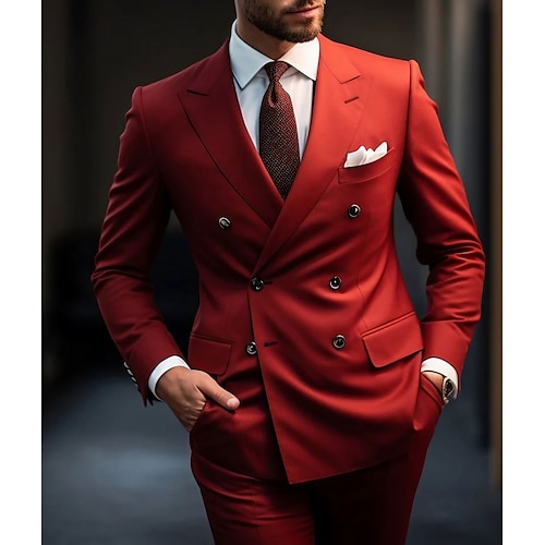 

Red Men's Wedding Suits 2 Piece Solid Colored Christmas Wear Slim Fit Double Breasted Six-buttons 2023