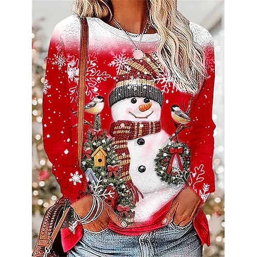 

Christmas Shirt Women's T shirt Tee Snowman Snowflake Red Green Gray Print Long Sleeve Christmas Weekend Festival / Holiday Round Neck Regular Fit Spring & Fall