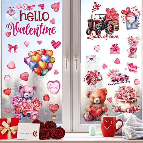 

Pegatinas para ventana de fiesta del día de San Valentín, adhesivos para ventanas con forma de corazón, pegatinas decorativas de osos