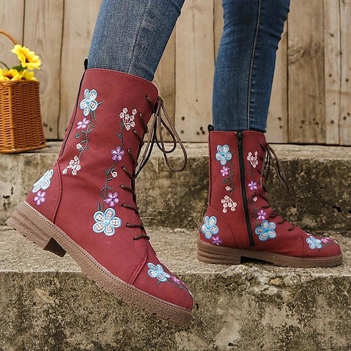 

Damen Stiefel Springerstiefel Übergrössen Outdoor Täglich Stiefeletten Stiefeletten Stickerei Blockabsatz Runde Zehe Vintage Brautkleider schlicht Minimalismus PU Schnürsenkel Blumen Hellbraun