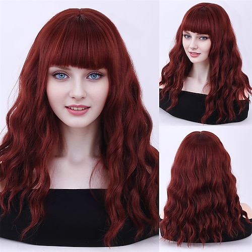 

Synthetische Perücken Locken Mit Pony Maschinell gefertigt Perücke Lang Rote Synthetische Haare Damen Cosplay Weich Party Rot