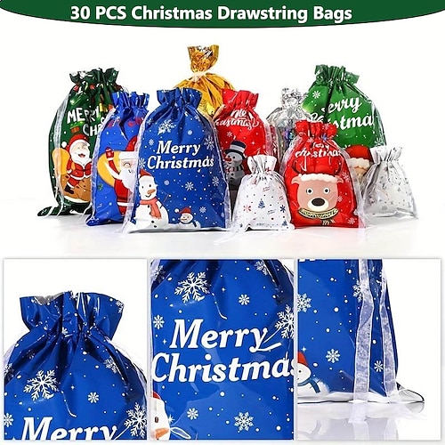 

30 pièces sacs à cordon de noël flocon de neige blanc restant emballage du nouvel an sacs à bouche à cordon collations grands sacs cadeaux bonbons fruits cadeaux sacs aveugles peuvent être recyclés