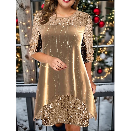 

Mini robe Femme Grande Taille Robe velours manche longue Printemps Automne Hiver - Mode Soirée Moderne Paillettes Patchwork Multirang Géométrique Col Ras du Cou Noël robe demoiselle d honneur robe