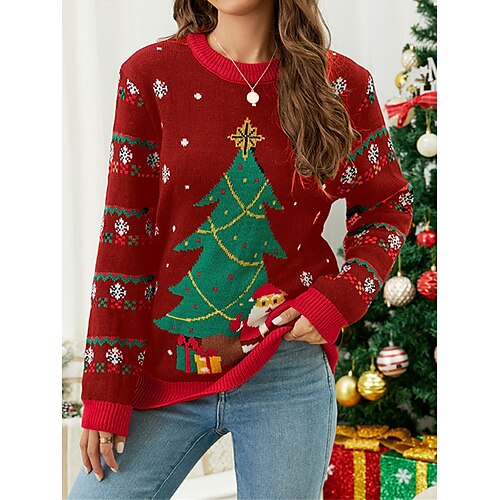 

Pull de Noël moche Pull Chandails de Noël Femme A côtes Tricoter Col Ras du Cou Acrylique Tricoté Automne Hiver Normal Extérieur Noël du quotidien Le style mignon mode Décontractées manche longue