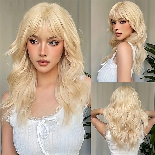 

Blonde Golden Long Body Wave Hair Wigs With Bangs Butterfly Haircut Synthetic Fiber Hair Replacement Wigs For Women For Daily Lolita Cosplay Party Halloween Use Christmas Party Wigs