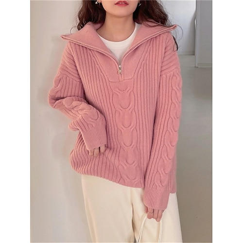 

Mujer Suéter de punto Cuello Camisero Cable Tejer Poliéster Cremallera Otoño Invierno Regular Exterior Diario Noche Elegante Casual Suave Manga Larga Color sólido Rosa Rojo Beige Tamaño Único