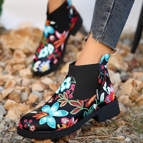 

Women's Boots Plus Size Print Shoes Daily Booties Ankle Boots Block Heel Round Toe Fashion PU Loafer Color Block Black