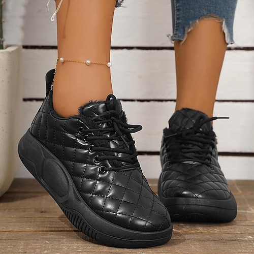 

Women's Sneakers Boots Snow Boots Dad Shoes Daily Fleece Lined Booties Ankle Boots Embroidery Flat Heel Round Toe Plush Casual Minimalism Running Walking PU Lace-up Solid Color Black Beige