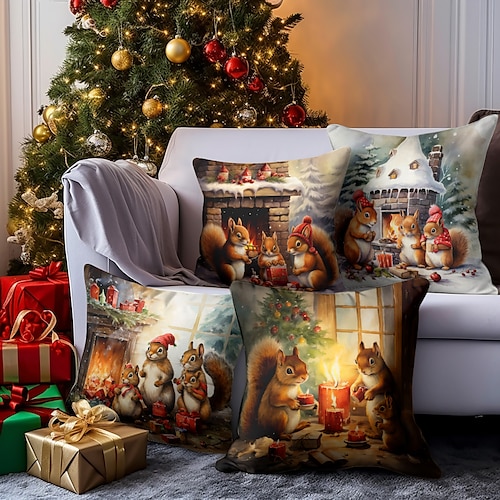 

Christmas Squirrels Fireplace Double Side Pillow Cover 4PC Xmas Soft Decorative Square Cushion Case Pillowcase for Bedroom Livingroom Sofa Couch Chair