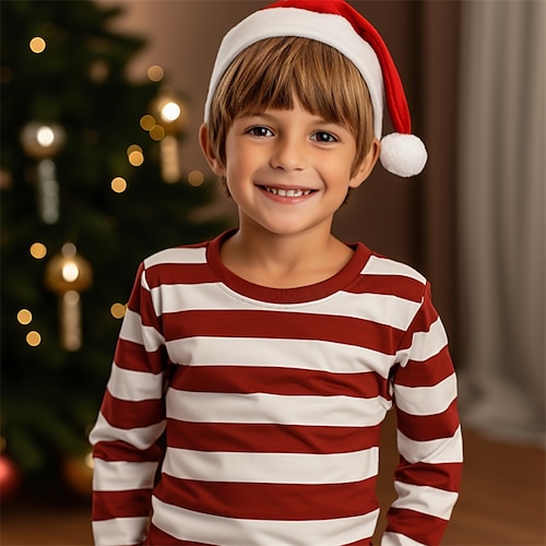 

Natal Para Meninos 3D Listra Camiseta Camisa Manga Longa Impressão 3D Outono Inverno Esportes Moda Roupa de rua Poliéster Infantil 3-12 anos Gola Redonda Ao ar livre Casual Diário Normal