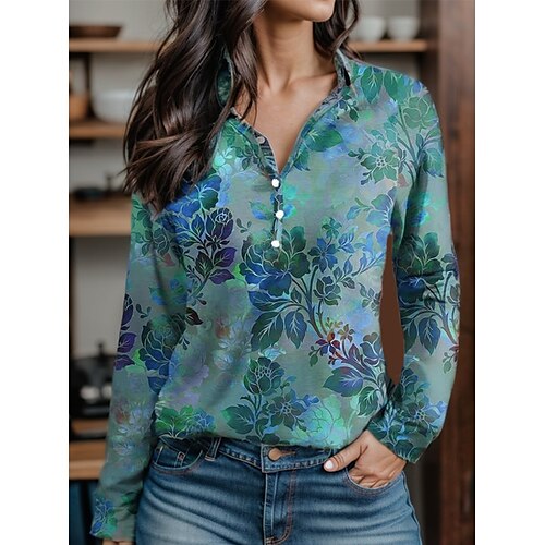 

Mujer Camiseta Floral Amarillo Rojo Azul Piscina Botón Estampado Manga Larga Festivos Fin de semana Moda Escote en Pico Ajuste regular Primavera Otoño