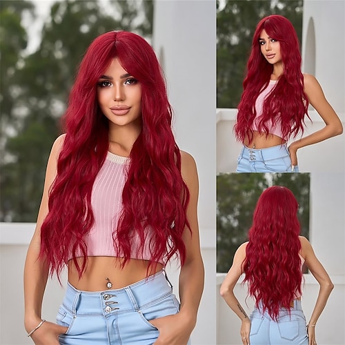 

Atrendhairs perucas vermelhas para mulheres, cabelo sintético longo encaracolado com franja, peruca cosplay ondulada, perucas para festa de natal