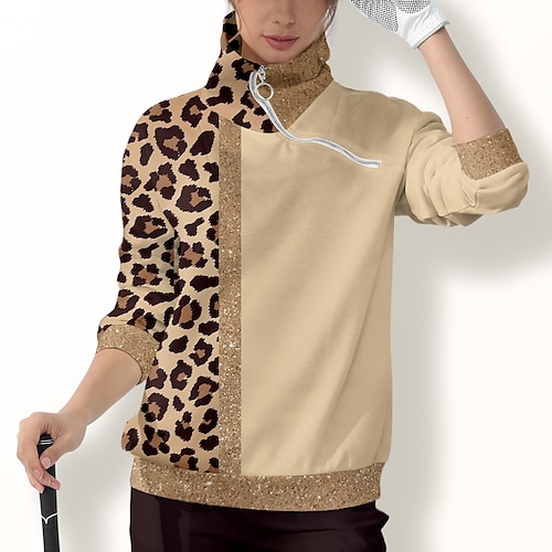 

Damen Golf-Hoodie Golfpullover Golf-Sweatshirt warm Atmungsaktiv Feuchtigkeitsableitung Langarm Golf-Oberbekleidung Shirt Regular Fit 1/4 Reißverschluss Stehkragen Leopard Frühling Herbst Tennis