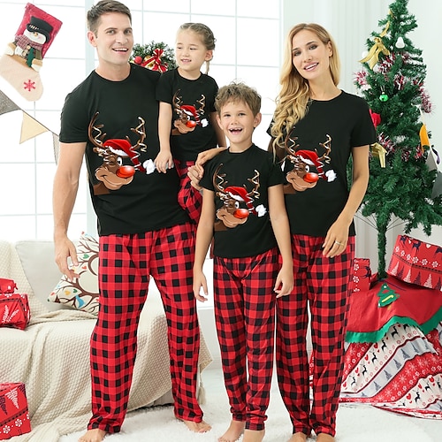 

Family Christmas Pajamas Cotton Graphic Plaid Pajamas Cute Christmas Pajamas School Print Colorblock Black White Long Sleeve Mommy And Me Outfits Active Matching Outfits