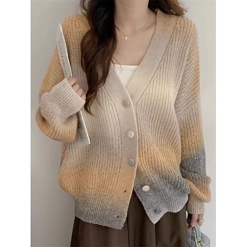 

Women's Cardigan Sweater Jacket V Neck Ribbed Knit Polyester Button Knitted Print Fall Winter Regular Outdoor Daily Going out Fashion Streetwear Casual Long Sleeve Color Gradient Pink Blue Khaki
