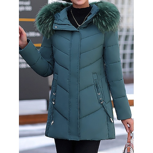 

Women's Parka Long Puffer Jacket Winter Coat Thermal Warm Heated Coat with Fur Collar Hood Zipper Windproof Coat with Pockets Drawstring Outerwear Green Wine Black