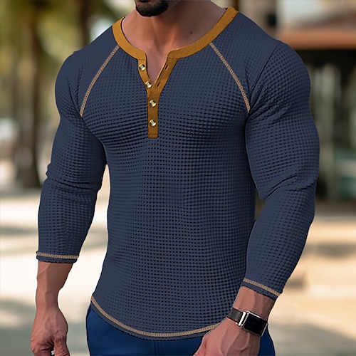 

Men's T shirt Tee Waffle Henley Shirt Henley Shirt Tee Top Long Sleeve Shirt Color Block Henley Street Vacation Long Sleeve Patchwork Clothing Apparel Fashion Designer Basic