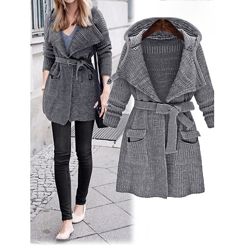 

Women's Cardigan Sweater Jacket Hooded Chunky Knit Polyester Lace up Pocket Knitted Fall Winter Regular Outdoor Daily Going out Fashion Streetwear Casual Long Sleeve Solid Color Gray One-Size