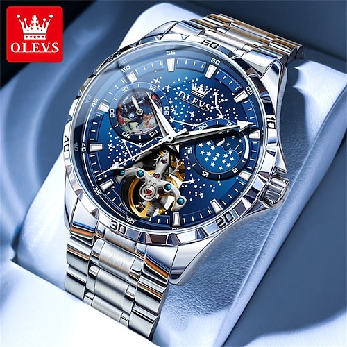 

Olevs 6689 Herren-Automatikuhr, Skelett-Multifunktions-Sternenhimmel-Edelstahl-Lederarmband, luxuriöse Kleid-Armbanduhr