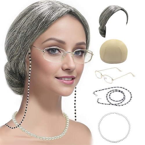 

Old Lady Costume Set Grandma Wig Granny Wig Cap Madea Granny Glasses Eyeglass Chains Cords Faux Pearl Bead Necklace Old Lady Cosplay Set 5 Pieces