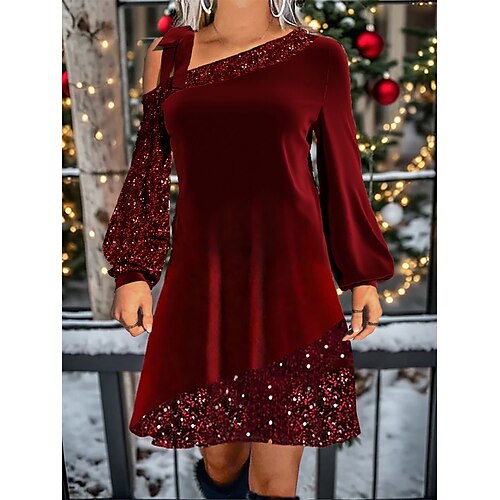 

Women's Christmas Dress Velvet Dress Casual Dress Mini Dress Patchwork Cold Shoulder Christmas Street Vacation Fashion Streetwear V Neck Long Sleeve 2023 Regular Fit Wine Color S M L XL XXL Size