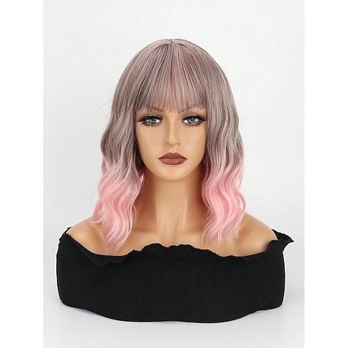 

perruque ondulée de couleur ombrée noir à rose avec frange aérienne femme courte bouclée longueur d'épaule bob synthétique usage quotidien perruque de cosplay colorée pour filles 12 noir à rose