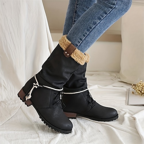 

Femme Bottes Grandes Tailles du quotidien Doublé en Polaire Bottes mi-mollet Talon Bottier Bout rond Rétro Vintage Pluche Décontractées Polyuréthane Lacet Couleur unie Vin Brun claire Brun foncé